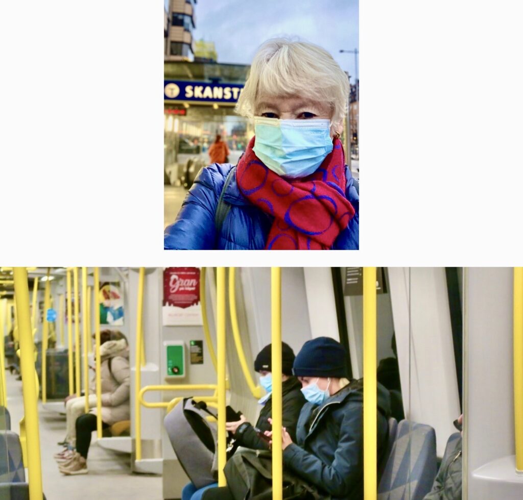 Stockholm. Vi var några på tunnelbanan som valde att följa Folkhälsomyndighetensuppmaning om att bära munskydd i kollektivtrafiken. 
