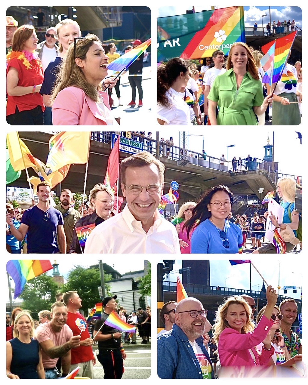 Stockholms Prideparad. Fem partiledare på en och samma bild; Nooshi Daggostar, Annie Lööf, Ulf Ed Kristersson,Magdalena Andersson och Ebba Busch. 