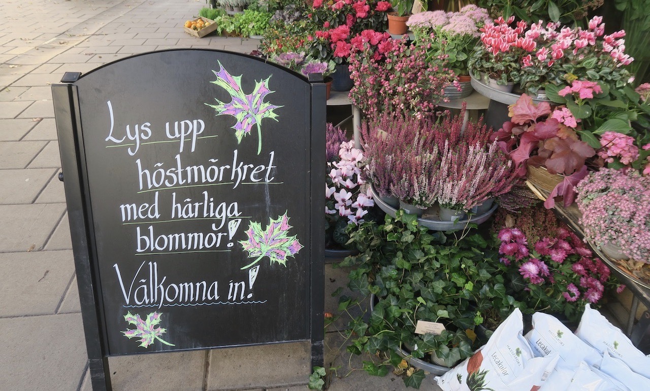 Stockholm. Vasastan. En stilren skylt står utanför blomsterbutiken för att informera om att det finns mer att välja på i butiken. 